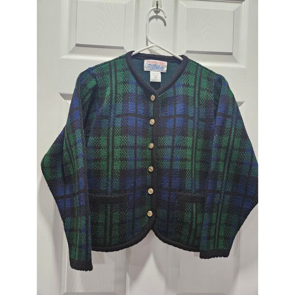 Vintage Tally-Ho Green Blue Plaid Cardigan Sweater Acrylic Size PP S 0-2 - Picture 2 of 15